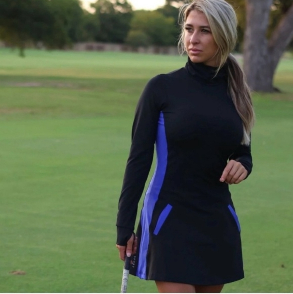 Olaya Sport Black Deep Blue Long Sleeve Mock Neck Golf Tennis Athletic Dress XS